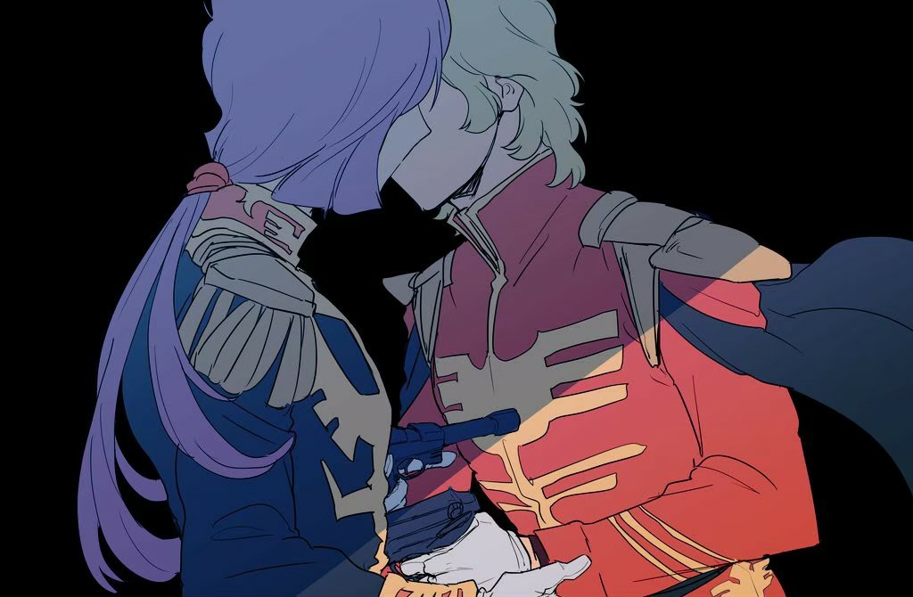 2boys black_background black_jacket blonde_hair char's_counterattack char_aznable epaulettes finger_on_trigger garma_zabi gloves gun gun_to_chest gundam gundam_gihren_no_yabou handgun high_collar holding holding_gun holding_weapon jacket kiss long_hair long_sleeves male_focus military_uniform multiple_boys otenki93 ponytail purple_hair red_jacket short_hair simple_background trigger_discipline upper_body weapon white_gloves
