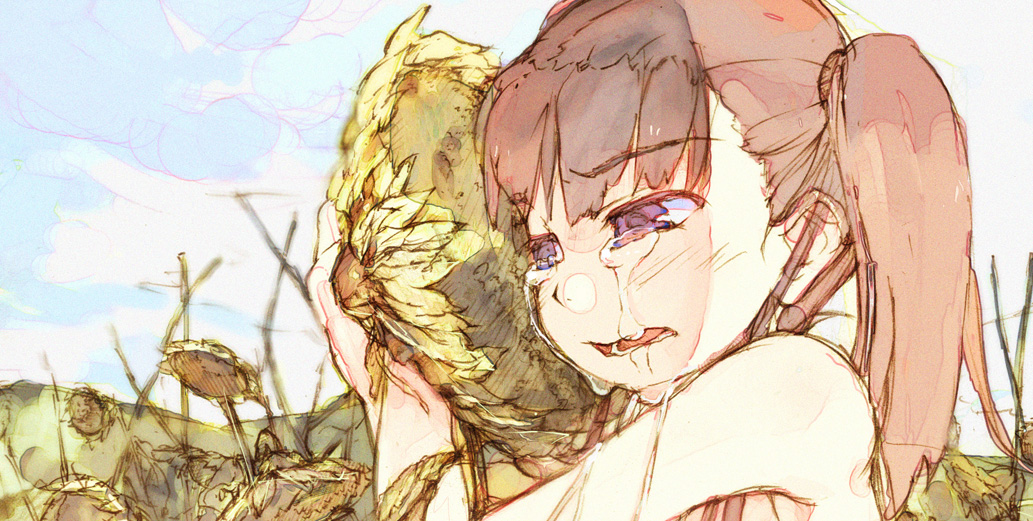 bangs bare_shoulders blush brown_hair cheek_press crying crying_with_eyes_open day eyebrows_visible_through_hair flower hand_up kitano_yuusuke object_hug original outdoors portrait purple_eyes sad side_ponytail sobbing solo streaming_tears sunflower tears withered