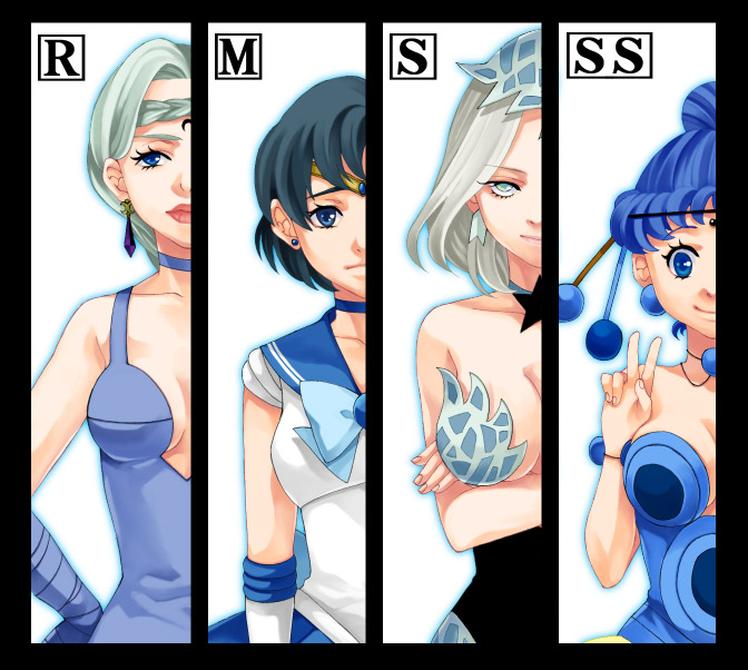 amazons_quartet back_bow bare_shoulders beruche_(sailor_moon) bishoujo_senshi_sailor_moon black_moon_clan blue_choker blue_eyes blue_hair blue_leotard blue_sailor_collar blue_skirt border bow braid breast_rest breasts choker color_connection column_lineup crossed_arms crystal_earrings earrings expressionless gloves hair_bun jewelry kitashiba leotard magical_girl medium_breasts mizuno_ami multiple_girls pallapalla_(sailor_moon) ribbon sailor_collar sailor_mercury sailor_senshi_uniform short_hair skirt smile tiara v viluy_(sailor_moon) white_background white_hair witches_5