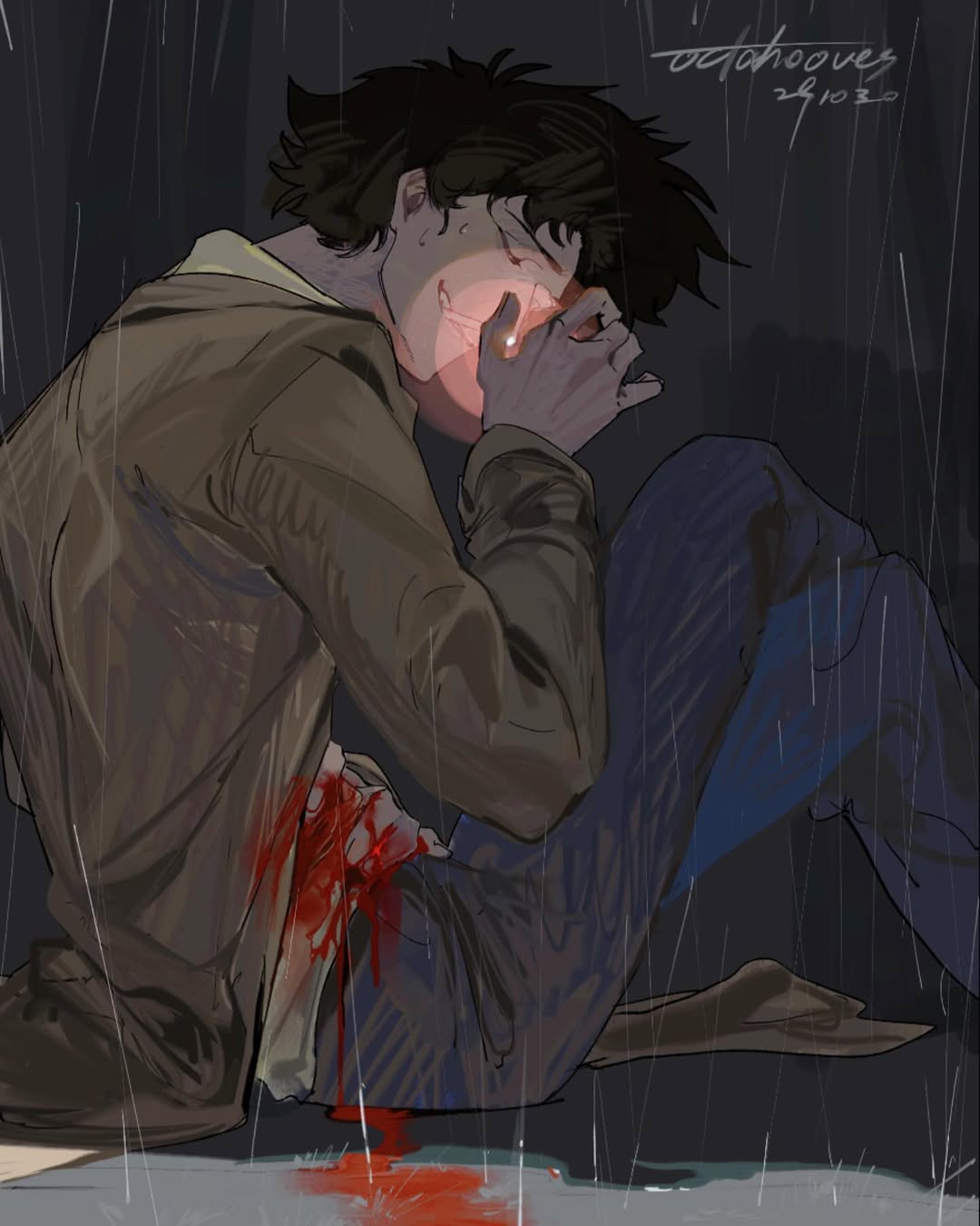 1boy black_hair blood blue_pants brown_jacket cigarette cowboy_bebop crossed_legs gunshot_wound highres injury jacket lighting_cigarette long_sleeves male_focus octahooves pants rain short_hair signature smoking spike_spiegel