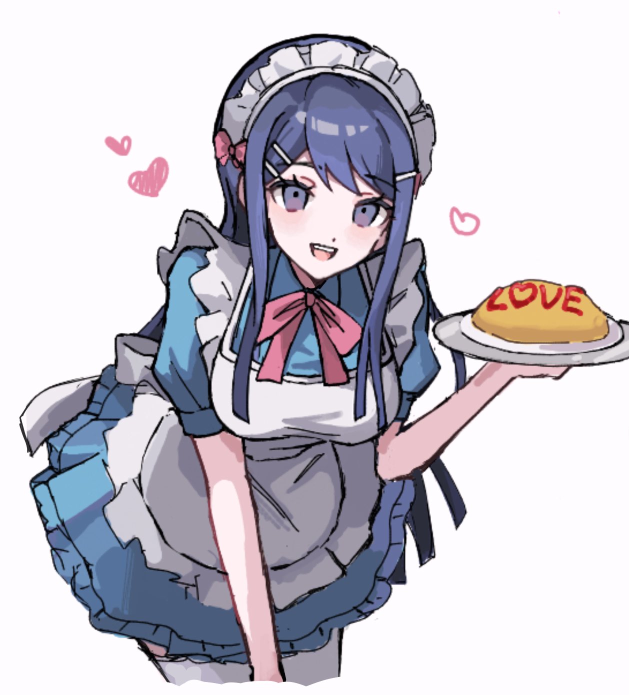 1girl :d apron blue_dress bow bowtie breasts cropped_legs danganronpa:_trigger_happy_havoc danganronpa_(series) dress food fuku_sa hair_bow hair_ornament hairclip heart highres large_breasts long_hair maid maid_apron maid_headdress maizono_sayaka omelet omurice pink_bow pink_bowtie short_sleeves simple_background smile solo teeth upper_teeth_only white_background