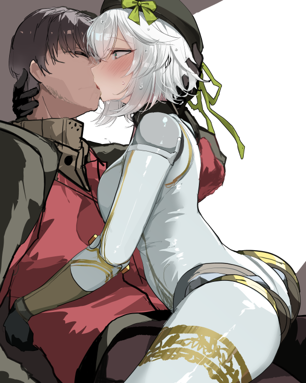 1boy 1girl ass brown_hair commander_(girls'_frontline) dushevnaya_(girls'_frontline_2) girls'_frontline girls'_frontline_2:_exilium gloves grey_hair hat ksvk_(girls'_frontline) long_sleeves simple_background white_background yanagui_yugi
