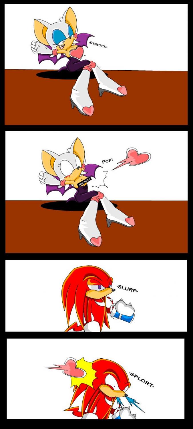 bat big_breasts blush breasts censor_bar clothed clothing comic drinking echidna eyes_closed female fur hair half-dressed humor knuckles_the_echidna long_hair male mammal puritylf4 raised_arm red_body rouge_the_bat sega sitting sonic_(series) stretching topless wardrobe_malfunction white_fur