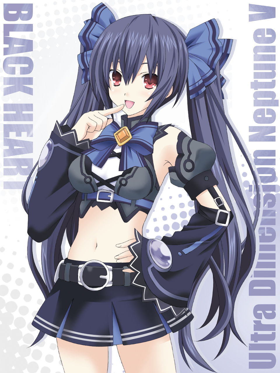 :d armpits bad_id bad_pixiv_id black_hair bow breasts character_name copyright_name detached_sleeves ears hair_bow hair_ornament hand_on_hip highres kagura_ittou kami_jigen_game_neptune_v long_hair medium_breasts midriff navel neptune_(series) noire open_mouth red_eyes smile solo twintails very_long_hair