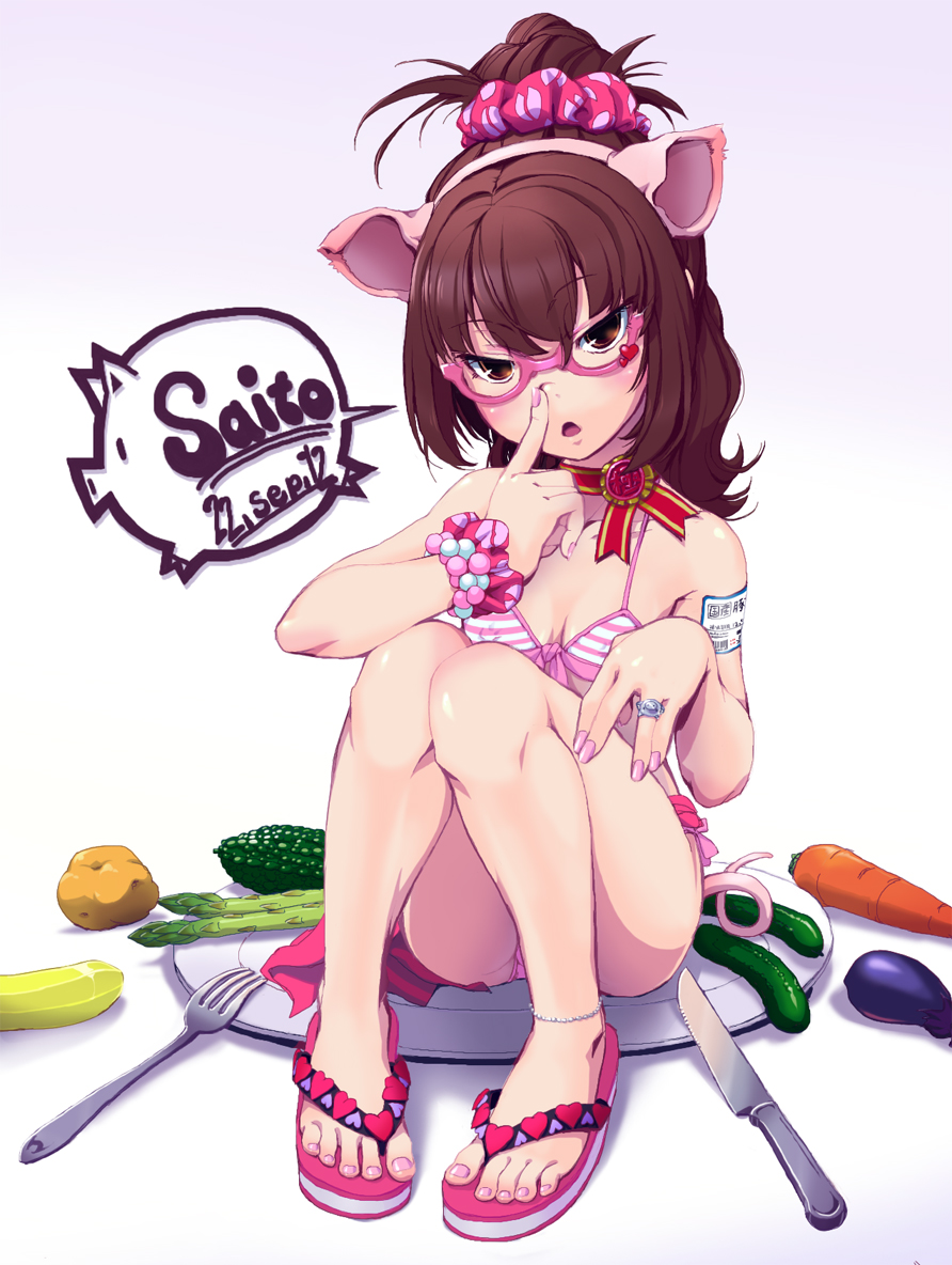 animal_ears anklet asparagus bad_id bad_pixiv_id bikini breasts brown_eyes brown_hair carrot covered_nipples cucumber eggplant fake_animal_ears fake_tail feet fork front-tie_top glasses jewelry knife long_hair looking_at_viewer original pig pig_ears pink-framed_eyewear ponytail saitou_teikoku sandals shiny shiny_skin sitting small_breasts solo swimsuit tail toenail_polish toes