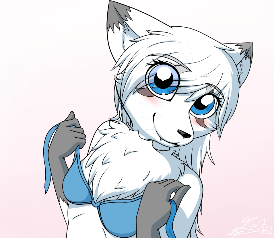 2018 animal_humanoid anthro blue_eyes blush breasts canine clothed clothing digital_media_(artwork) female fox fur hair hi_res humanoid looking_at_viewer mammal milesnukem simple_background smile solo undressing white_fur white_hair