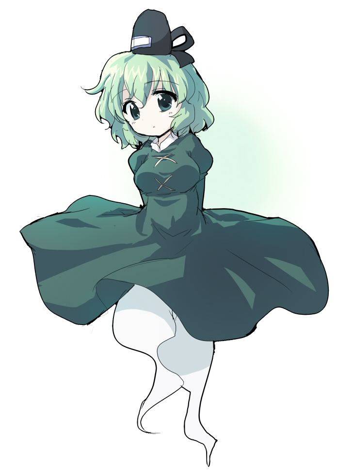 arms_behind_back asyura7 bad_id bad_pixiv_id dress ghost ghost_tail green_dress green_eyes green_hair hat head_tilt jitome long_sleeves looking_at_viewer short_hair soga_no_tojiko solo tate_eboshi touhou