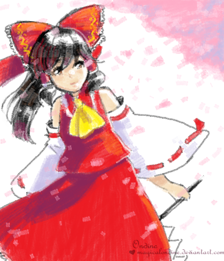 black_hair bow detached_sleeves gohei hair_bow hair_tubes hakurei_reimu long_hair magical_ondine mspaint skirt solo touhou