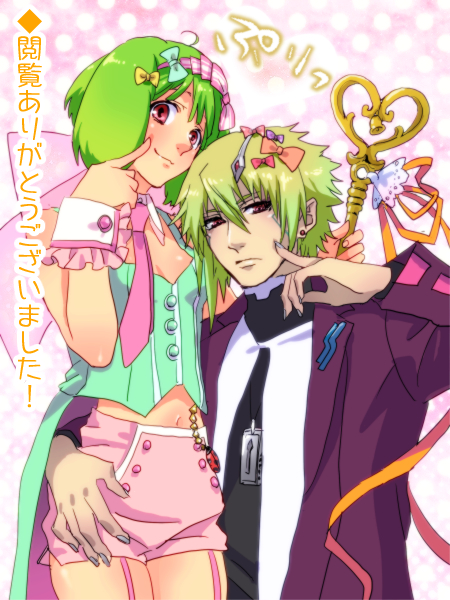 1girl ahoge arm_around_waist bow breasts brera_sterne brother_and_sister cero_(cerocero) finger_to_cheek garter_straps green_hair grey_nails hair_bow hand_on_another's_hip looking_at_viewer macross macross_frontier macross_frontier:_sayonara_no_tsubasa midriff_peek nail_polish necktie pink_eyes ranka_lee red_eyes short_hair short_shorts shorts siblings small_breasts smile wrist_cuffs