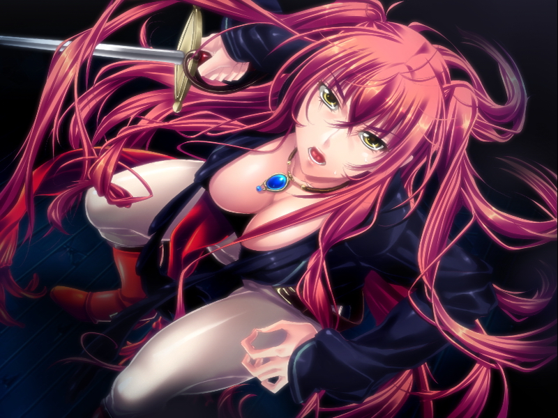 1girl alfiana_shatazelc boots breasts cleavage collar game_cg kaizoku_ouhime_alfiana large_breasts looking_at_viewer open_mouth red_hair solo standing sword weapon yello_eyes yellow_eyes yoshino_keiko