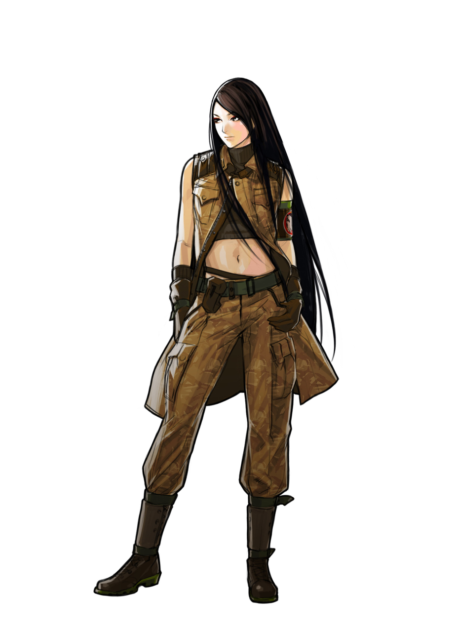 advance_wars advance_wars:_days_of_ruin armband bangs belt black_hair black_sweater blush boots brown_gloves brown_pants camouflage closed_mouth contrapposto crop_top full_body gloves highres hiroaki_(kof) lin_(advance_wars) long_hair looking_away looking_to_the_side midriff military navel official_art pants partially_unbuttoned pocket simple_background sleeveless solo standing straight_hair sweater swept_bangs thumbs_in_pockets turtleneck turtleneck_sweater uniform very_long_hair white_background