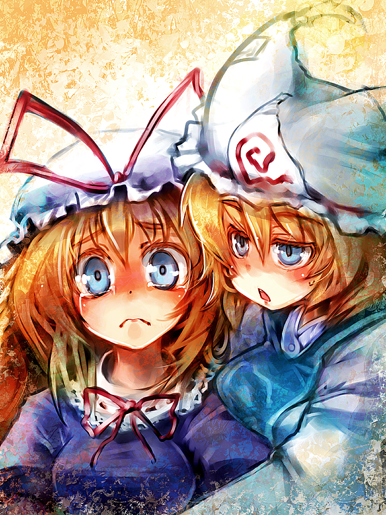 blonde_hair blue_eyes commentary_request crying crying_with_eyes_open hat hat_ribbon multiple_girls open_mouth ribbon sad tears touhou ukyo_rst upper_body wavy_mouth yakumo_ran yakumo_yukari