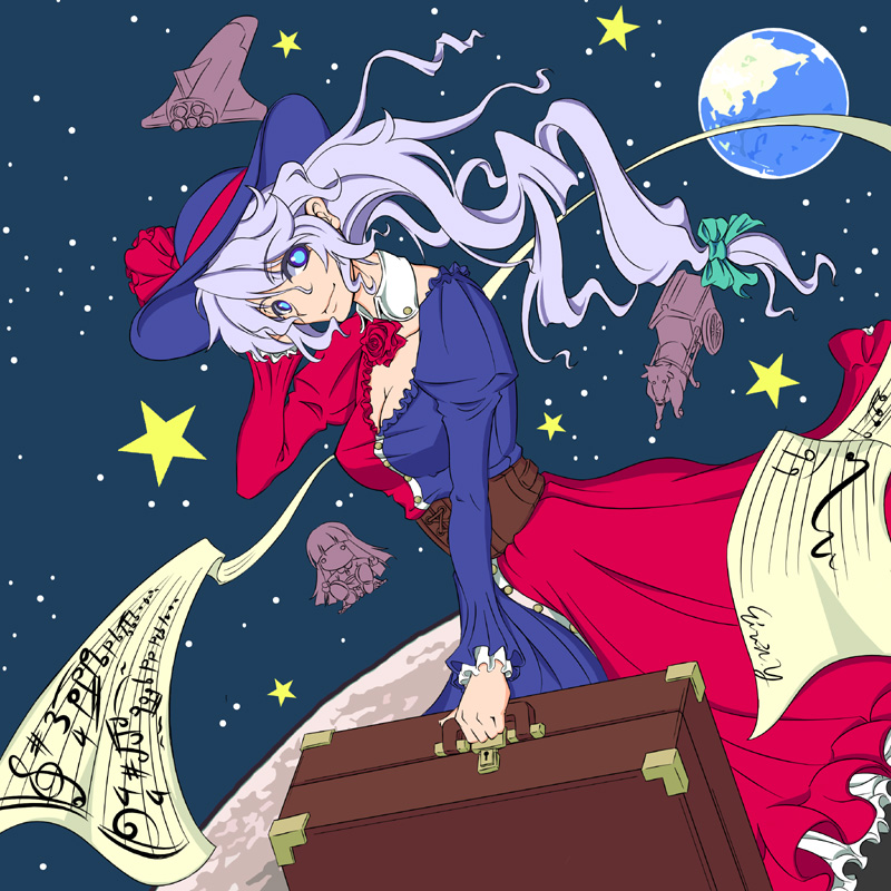 bass_clef beamed_eighth_notes beamed_sixteenth_notes blue_eyes breasts briefcase cleavage earth error floating_hair hat heika_(dartcoke) medium_breasts moon musical_note sharp_sign sheet_music silver_hair solo space time_signature touhou treble_clef yagokoro_eirin