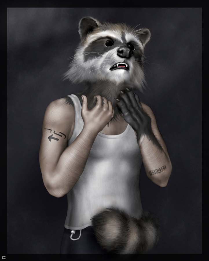 barcode biceps black_eyes clothing invalid_tag male mammal neck pants paws raccoon shirt sleeveless_shirt snout solo splice_(artist) standing tank_top tattoo transformation whiskers