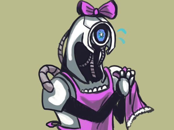 apron blue_eyes bow cute genderless geth machine mass_effect mechanical not_furry robot simple_background so_pink solo unknown_artist