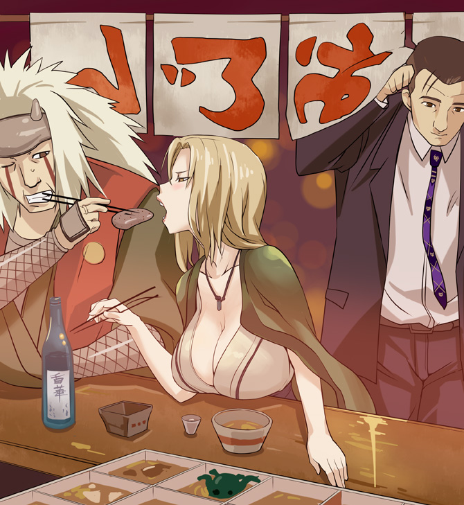 2boys blonde_hair breasts chopsticks cleavage crossover curry_(dbt) feeding food formal inogashira_gorou jiraiya kodoku_no_gourmet large_breasts long_hair multiple_boys naruto naruto_(series) necktie open_mouth short_hair smile suit tsunade white_hair