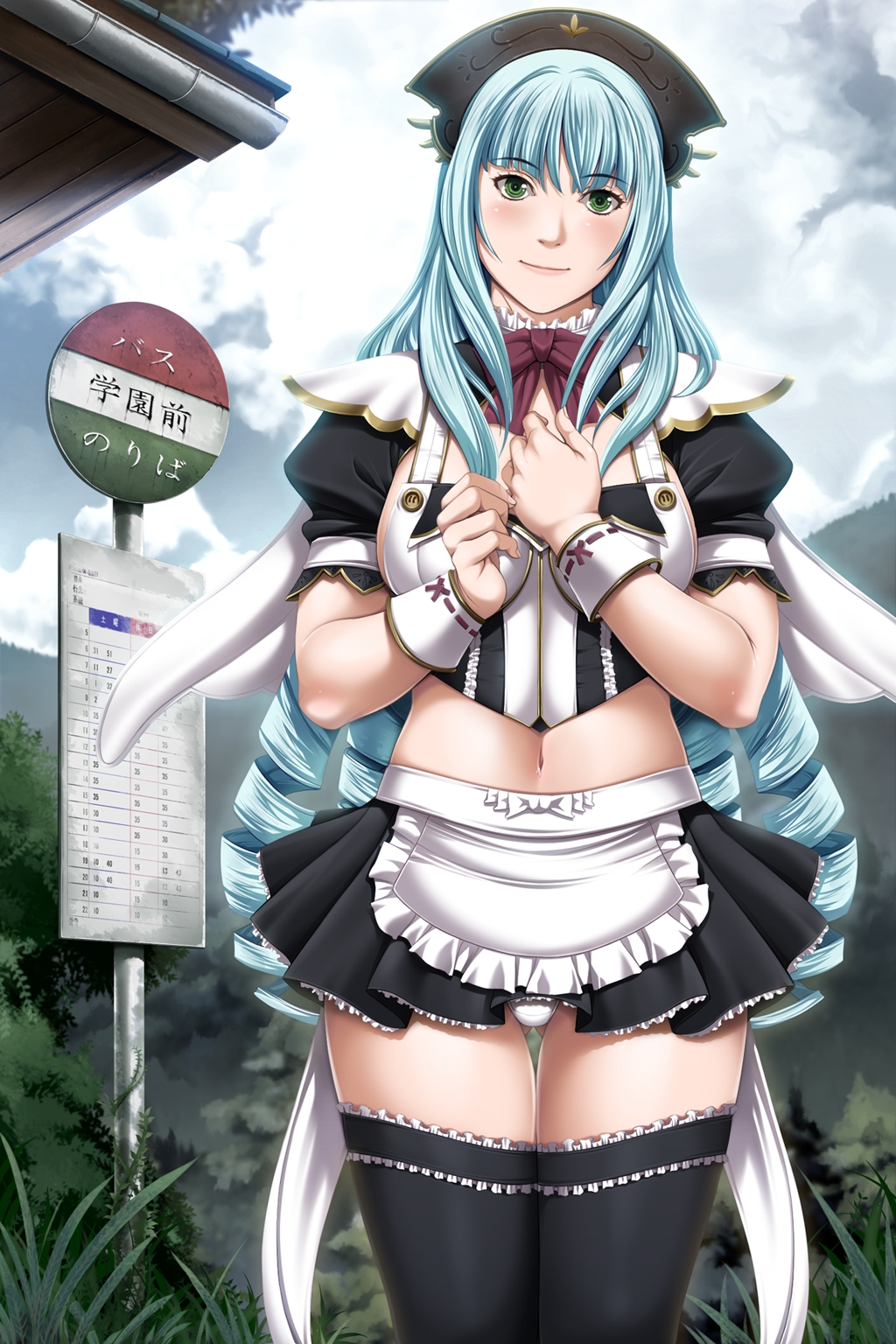 1boy 1girl alice_(lewdness) bangs blue_hair blush breasts cloud clouds drill_hair empress empress_(studio) game_cg gluteal_fold green_eyes hat highres large_breasts lewdness long_hair looking_at_viewer maid microskirt midriff miniskirt mountain navel newhalf no_bra outdoors panties pantyhose pantyshot pleated_skirt sei_shoujo sideboob skirt sky smile solo standing thighhighs underwear white_panties zettai_ryouiki