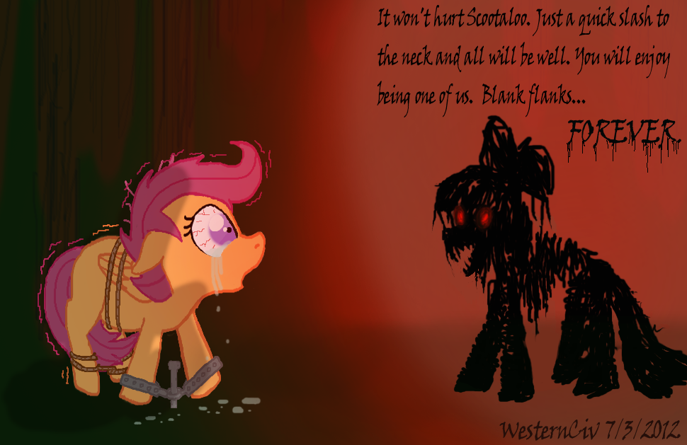 crying cub dialog dialogue duo english_text equine eye_contact fear female feral friendship_is_magic horse mammal my_little_pony pegasus pony scared scifer scootaloo_(mlp) story_of_the_blanks tears text uhoh undead wings young zombie zombie_pony