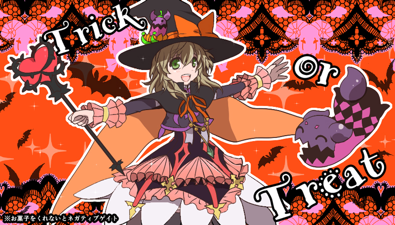 adapted_costume bat brown_hair cape cropped_jacket doll dress elize_lutus frills green_eyes halloween hat orange_background outstretched_arms short_hair smile spread_arms tales_of_(series) tales_of_xillia teepo_(tales) toraneko trick_or_treat wand witch_hat