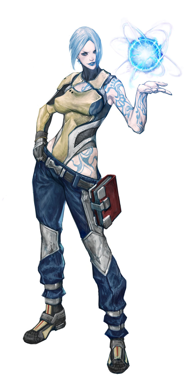 blue_hair borderlands borderlands_2 hand_on_hip highres ikeda_masateru lipstick lowleg lowleg_pants makeup maya_(borderlands) orb pants realistic science_fiction short_hair siren_(borderlands) smile solo tattoo