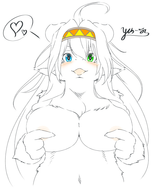 &lt;3 2018 anthro areola big_breasts blue_eyes blush breasts covering_nipples dragon female fur furred_dragon green_eyes hair headband heterochromia looking_at_viewer nude open_mouth signature simple_background smile solo white_background white_fur white_hair yus-ts