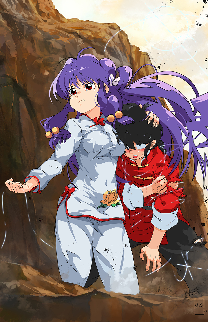 belt black_hair blue_eyes blush braid brown_eyes cloud clouds hair_ornament highres injury jc john_crayton lens_flare long_hair mountain overlord_jc pigtail purple_hair ranma_1/2 saotome_ranma shampoo_(ranma_1/2) single_braid sweat