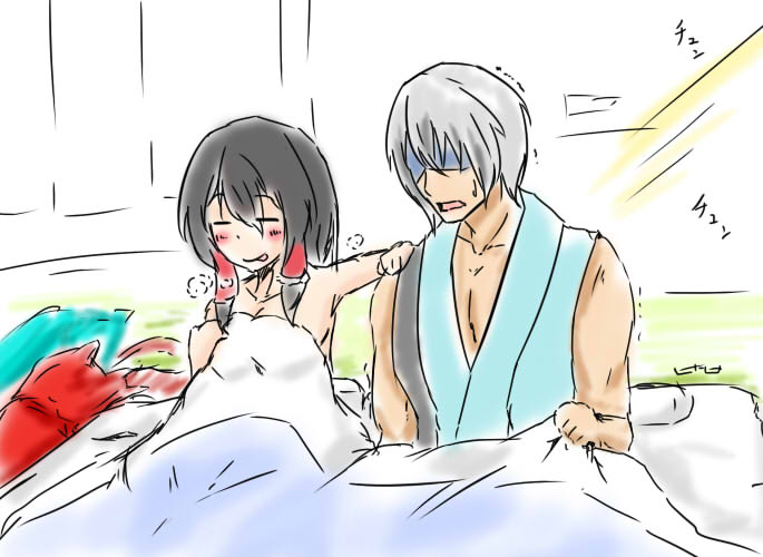 1boy 1girl :q afterglow bad_id bad_pixiv_id bed_sheet black_hair blush drunk futon grey_hair hair_tubes hetero long_hair m.u.g.e.n morichika_rinnosuke naked_sheet original ruined_for_marriage sendai_hakurei_no_miko shaded_face short_hair takase_(nandedaiya) tongue tongue_out touhou trembling