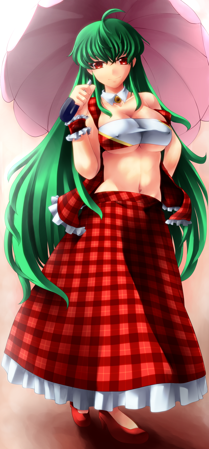 adapted_costume ahoge alternate_hairstyle breasts green_hair highres kazami_yuuka large_breasts long_hair midriff navel plaid red_eyes shiromiza_kana skirt smile solo touhou umbrella very_long_hair wrist_cuffs