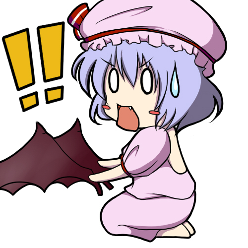 0_0 1girl artist_request backless_outfit bat_wings blank_eyes blush_stickers d: detached_wings fang hat looking_at_viewer lowres open_mouth puffy_short_sleeves puffy_sleeves remilia_scarlet short_sleeves simple_background sitting solo sweatdrop touhou v-shaped_eyebrows white_background wings