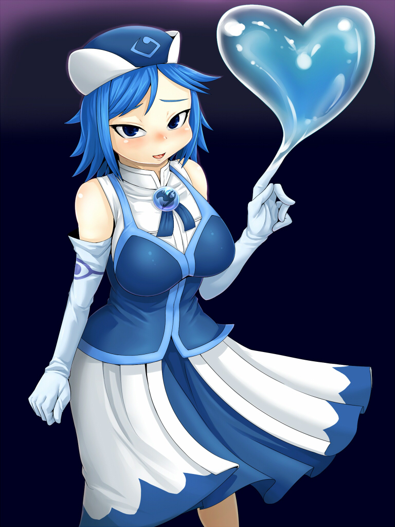 1girl blue_hair breasts cute fairy_tail female girl hat heart juvia_loxar large_breasts mokkosss solo water