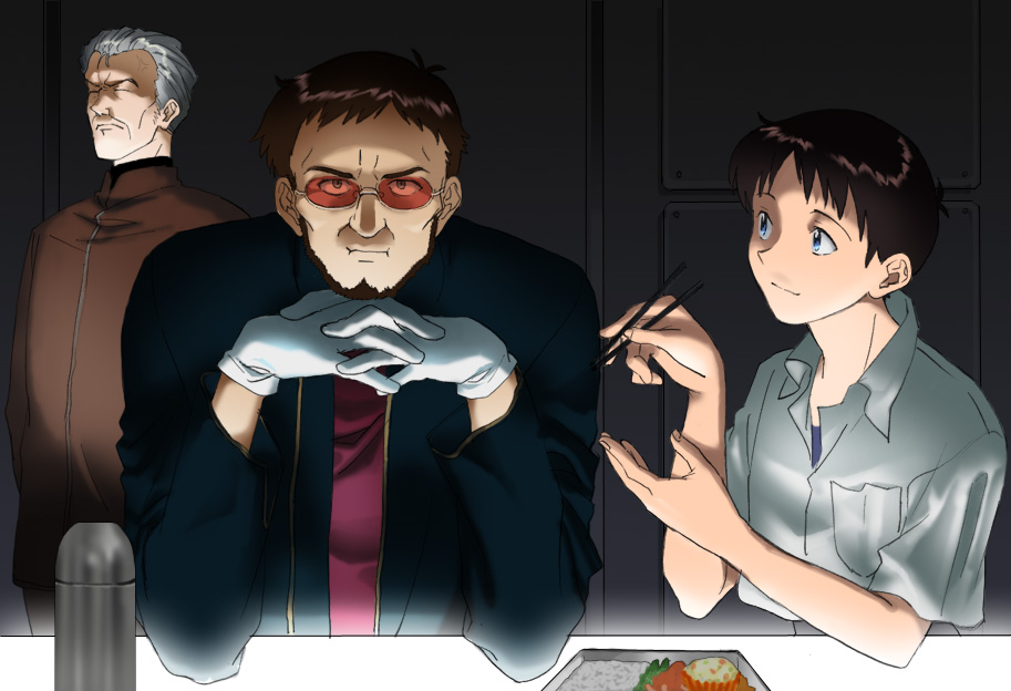 :i anger_vein ayanashi_kunio beard brown_hair chopsticks eating facial_hair father_and_son food fuyutsuki_kouzou gendou_pose glasses gloves grey_hair hands_clasped ikari_gendou ikari_shinji male_focus multiple_boys neon_genesis_evangelion own_hands_together