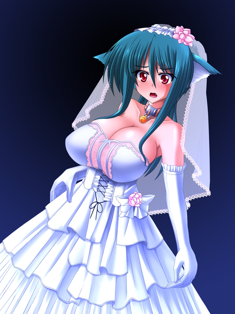 animal_ears bell breasts cleavage collar cute dress ellshed flower green_hair red_eyes wedding_dress