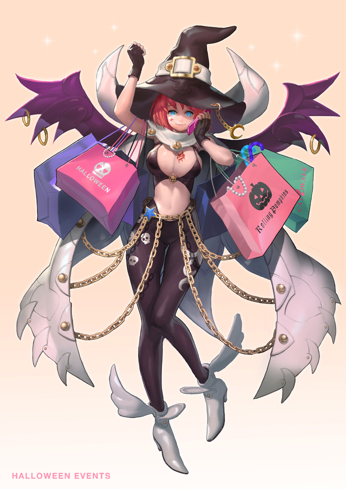bad_id bad_pixiv_id bag belt blue_eyes breasts cellphone chain cleavage fingerless_gloves gloves hat jewelry kilart large_breasts navel original phone red_hair ring shopping_bag short_hair solo wings witch_hat