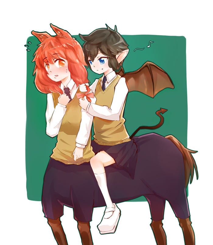 animal_ears black_hair blue_eyes braiding_hair centaur centaur_no_nayami demon_tail demon_wings fang gokuraku_nozomi hairdressing horse_ears imp kimihara_himeno long_hair monster28 monster_girl multiple_girls necktie orange_eyes pointy_ears red_hair riding school_uniform short_hair tail wings