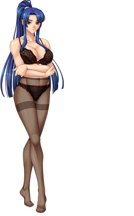 1girl bare_shoulders black_bra black_panties blue_hair bow bow_panties bra breasts brown_legwear cleavage collarbone crossed_arms female hips kagami kagami_hirotaka lace lace-trimmed_bra lace-trimmed_panties large_breasts legs legs_crossed lilith-soft lingerie long_hair looking_at_viewer mound_of_venus no_shoes panties pantyhose ponytail red_eyes shiny shiny_clothes shiny_skin simple_background skirt solo standing taimanin_asagi taimanin_asagi_3 taimanin_murasaki thighs transparent_background underwear yatsu_murasaki