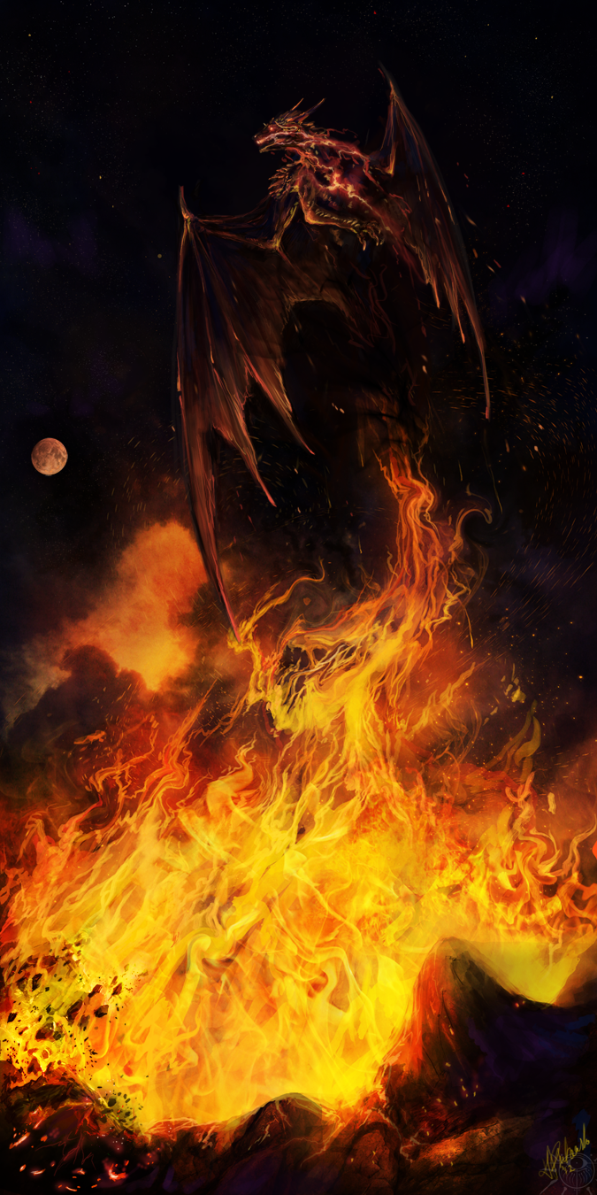 dragon embers feral fire flames flying horn inferno leilryu male moon night signature speedpaint stars volcano vvlkn wings