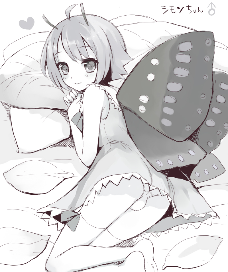 ahoge androgynous antennae blush butterfly_wings character_name heart lying male_focus mars_symbol monochrome nemunemu_(candy_paddle) on_side otoko_no_ko panties pillow shimon shimotsuma short_hair sketch smile solo thighhighs underwear white_panties wings