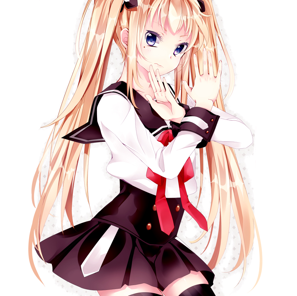 black_legwear blonde_hair blue_eyes hatsuko long_hair mole mole_under_eye original revision school_uniform skirt solo thighhighs twintails zettai_ryouiki