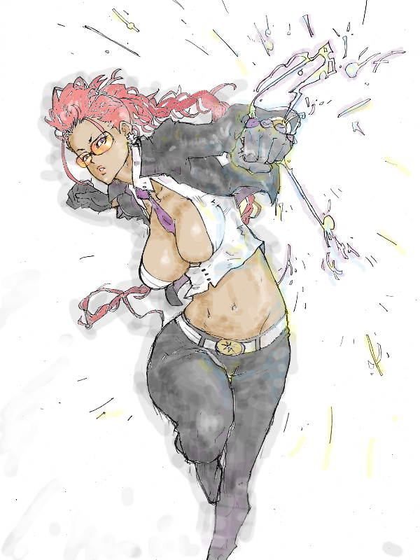 between_breasts breasts cleavage crimson_viper glasses gloves kyuraa_(kyura9een) large_breasts leather mature necktie necktie_between_breasts pompadour red_hair solo street_fighter street_fighter_iv_(series)