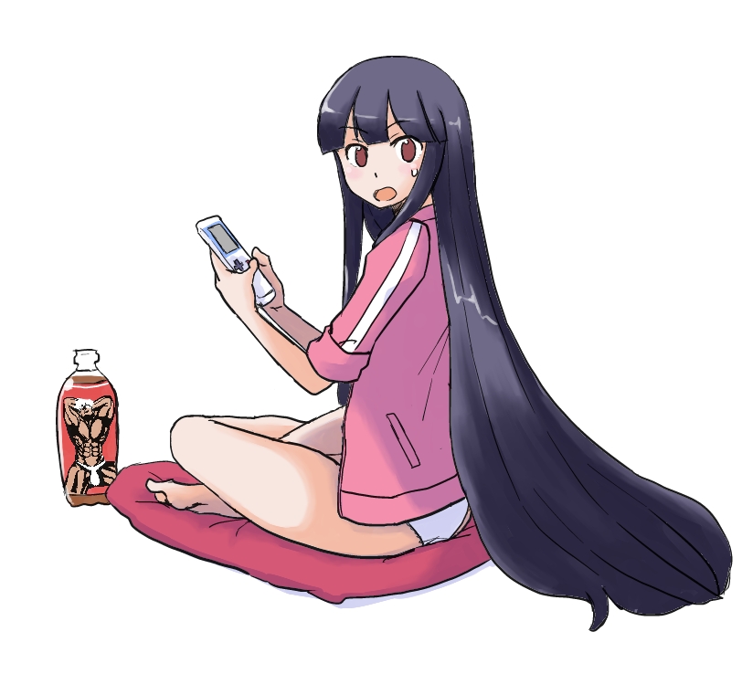 :o black_hair bottle brown_eyes crossed_legs game_boy handheld_game_console houraisan_kaguya jack_(wkm74959) long_hair looking_at_viewer looking_back mannosuke morichika_rinnosuke neet no_pants open_mouth panties simple_background sitting solo touhou underwear very_long_hair white_background white_panties