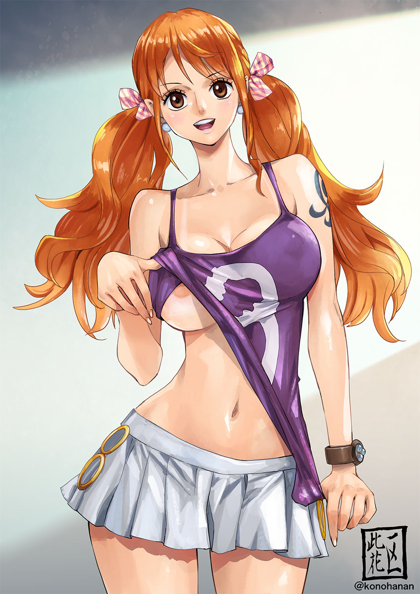 1girl bare_arms bare_shoulders blush breasts brown_eyes cleavage collarbone covered_nipples curvy hair_ornament hair_ribbon highres konohana large_breasts looking_at_viewer nami_(one_piece) navel nipples no_bra one_piece open_mouth orange_hair ribbon shirt_lift skirt solo stomach tan tanline thighs twintails