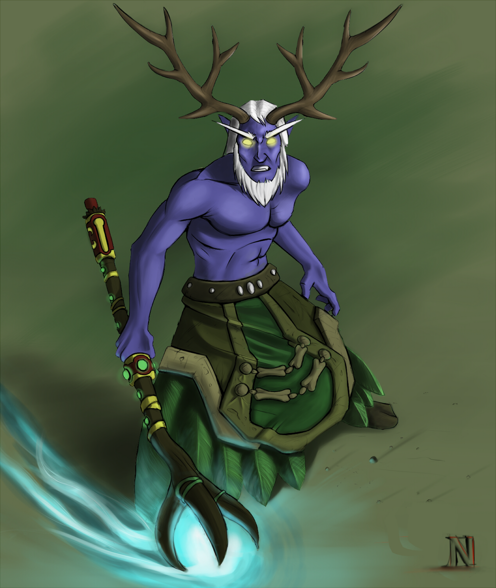 druid elf glowing_eyes hair heroic horn kilt magic_user male neon_(artist) night_elf plain_background polearm purple purple_skin staff tribal_spellcaster video_games warcraft white_hair world_of_warcraft