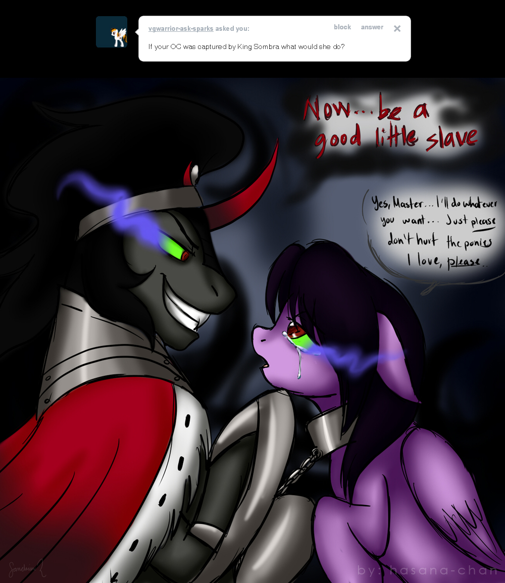 bdsm black)hair black_hair bondage bound chain collar corruption dialog dialogue domination duo english_text equine eye_contact eye_mist fear female feral friendship_is_magic fur grey_fur hair hasana-chan hooves horn imminent_sex king_sombra_(mlp) male mammal my_little_pony original_character pegasus purple_fur red_eyes shaded signature slave tears text tumblr unicorn wings