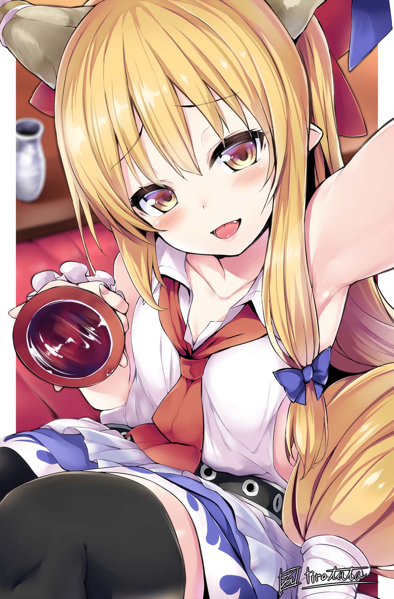 1girl :d alcohol arm_up armpits artist_name ascot bangs bare_arms bare_shoulders belt black_belt black_legwear blonde_hair blue_bow blue_ribbon blue_skirt blurry blurry_background blush border bow collarbone commentary_request cup eyebrows_visible_through_hair fang feet_out_of_frame hair_between_eyes hair_bow hand_up highres holding holding_cup horn_ribbon horns ibuki_suika long_hair looking_at_viewer low-tied_long_hair oni oni_horns open_mouth outside_border pillarboxed pointy_ears red_bow red_neckwear ribbon sakazuki sake shirt sidelocks signature sitting skirt smile solo thighhighs thighs tirotata tokkuri touhou very_long_hair white_border white_shirt wing_collar wrist_cuffs yellow_eyes