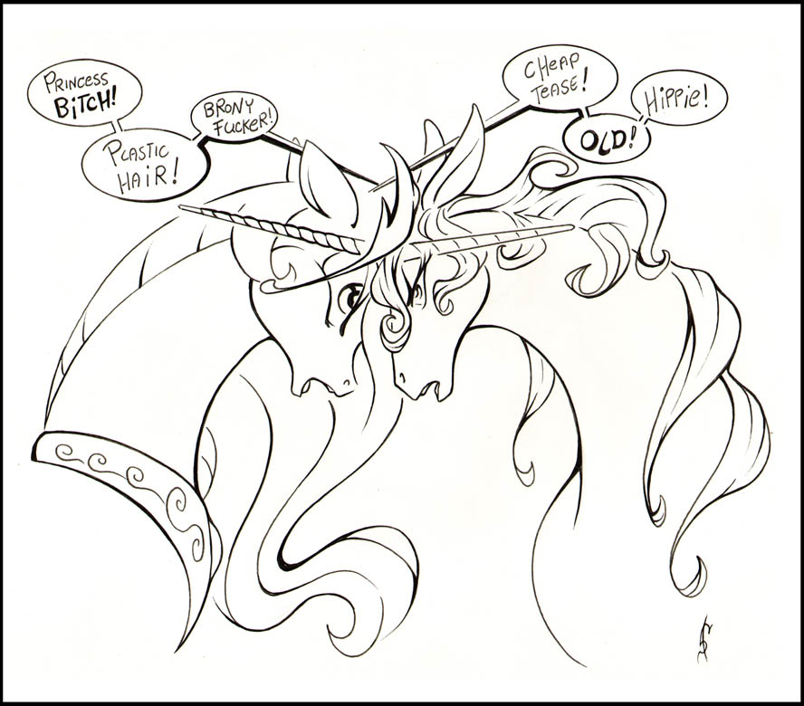 alex_spastic amalthea black_and_white crossover crown dialog dialogue duo english_text equine eye_contact female feral friendship_is_magic horn horse mammal monochrome my_little_pony plain_background pony princess_celestia_(mlp) text the_last_unicorn unicorn white_background