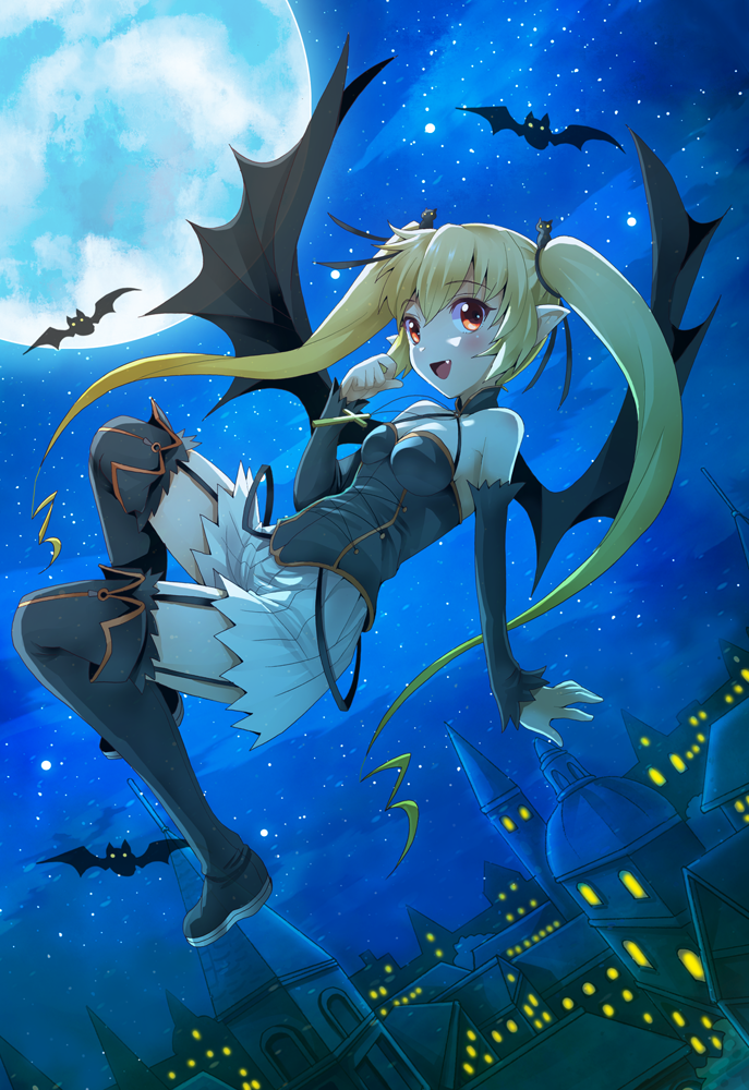 :d bat black_legwear blonde_hair blush fang full_moon garter_straps long_hair michii_yuuki moon night night_sky open_mouth pachira pointy_ears red_eyes renkin_san-kyuu_magical_pokaan sky smile solo thighhighs twintails wings