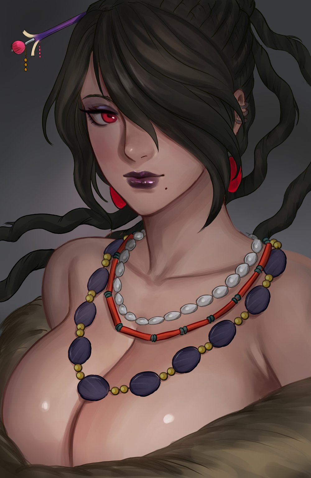 1girl bare_shoulders black_hair breasts cleavage collarbone commentary dress english_commentary eyeshadow face final_fantasy final_fantasy_x fur_trim grey_background hair_ornament hair_over_one_eye highres jewelry large_breasts lipstick long_hair looking_at_viewer lulu_(ff10) makeup mole mole_under_mouth necklace one_eye_covered portrait purple_lipstick red_eyes soffa solo