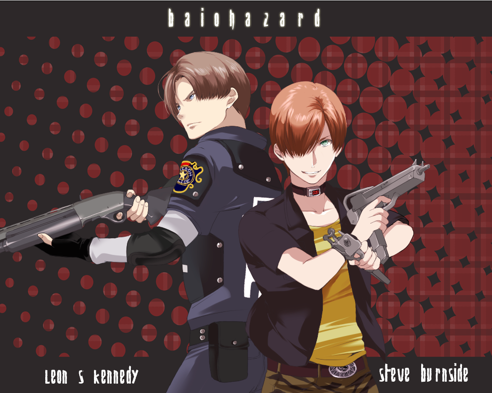 2boys crossover gun handgun hangun leon_s_kennedy male male_focus multiple_boys pistol resident_evil resident_evil_2 resident_evil_code_veronica risa-e shotgun steve_burnside weapon