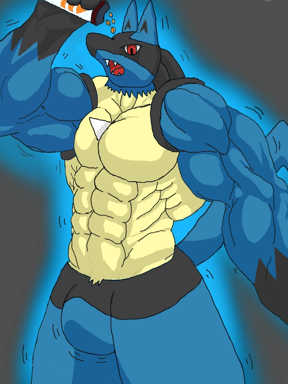 anthro anthrofied beefcake bicep biceps big big_muscles bulge canine giant hot huge lucario male mammal muscleartguy muscles nintendo open_mouth pecs pok&#233;mon pok&#233;morph pok&eacute;mon red_eyes solo video_games