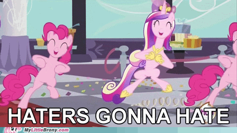 dancing duo english_text equine female feral friendship_is_magic hair haters_gonna_hate horn horse looking_at_viewer mammal my_little_pony pinkie_pie_(mlp) pony princess_cadance_(mlp) smile text unicorn